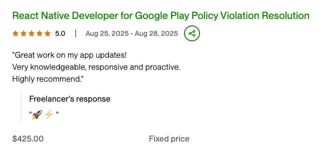 Client review for React Native App Updates: Great work on my app updates! Very knowledgeable, responsive and proactive. Highly recommend....