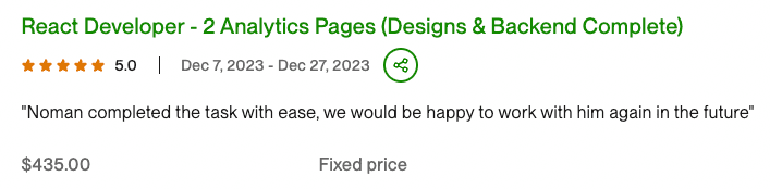Client review for React Analytics Dashboard: Noman completed the task with ease, we would be happy to work with him again in the future....
